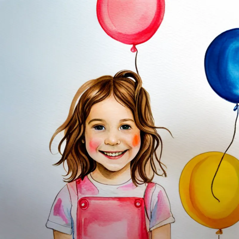 Little girl with brown hair wearing pink pajamas with a big smile, surrounded by colorful balloons