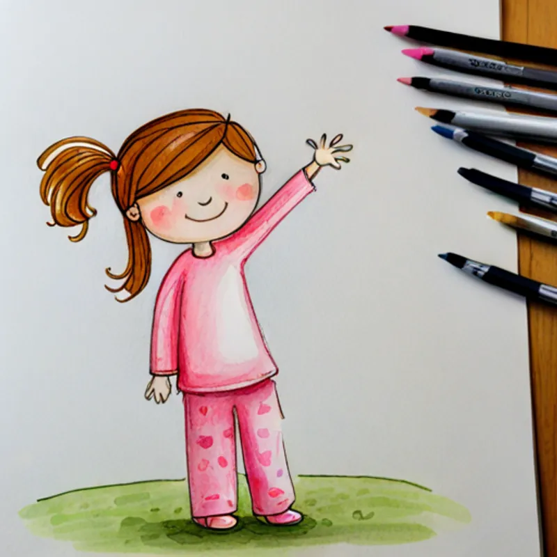 Little girl with brown hair wearing pink pajamas waving goodbye to her imaginary friends