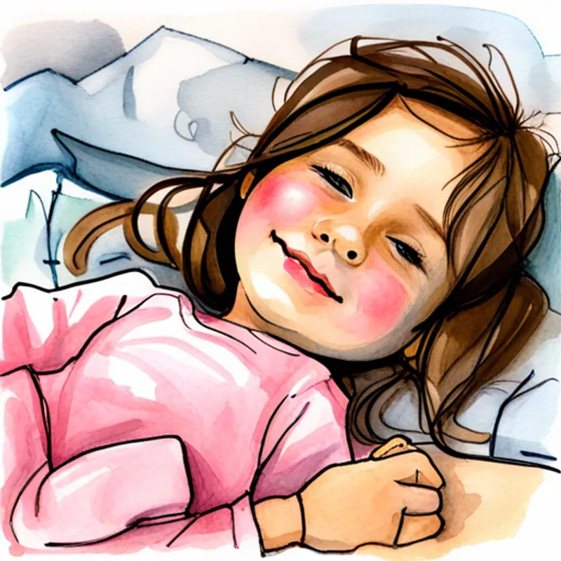 Little girl with brown hair wearing pink pajamas sleeping peacefully, with a smile on her face