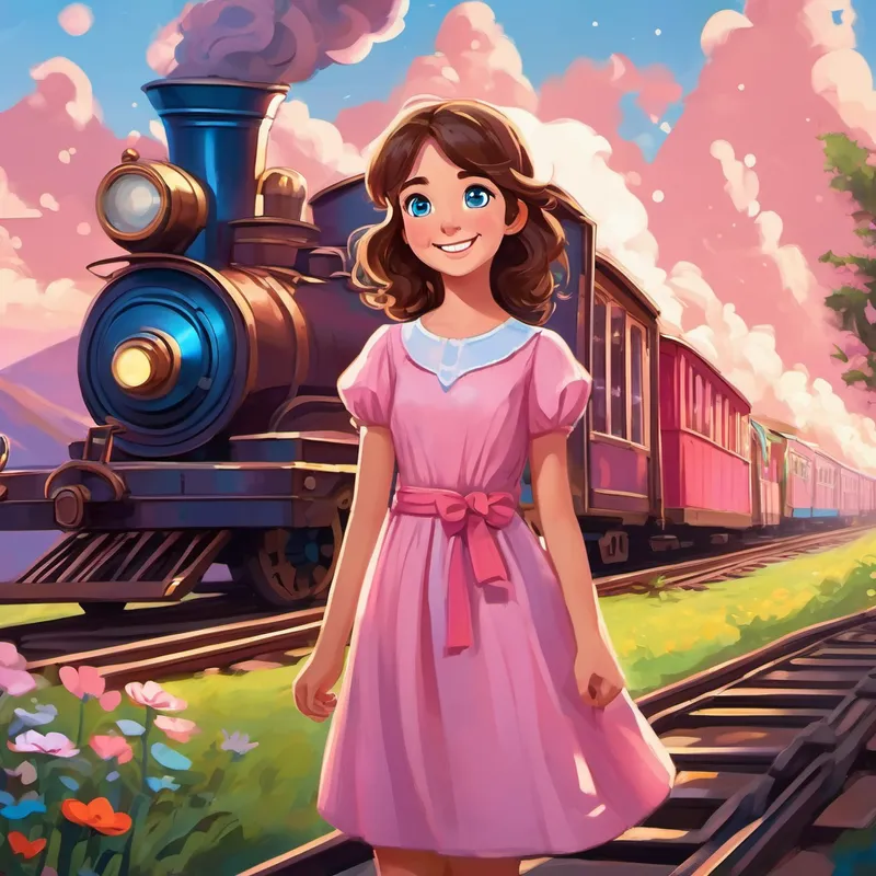 Lily: Blue eyes, brown hair, pink dress, big smile is a happy girl with blue eyes and brown hair. She is standing in front of a magical train with bright colors and steam coming out of its chimney. She is wearing a pink dress and a big smile on her face.