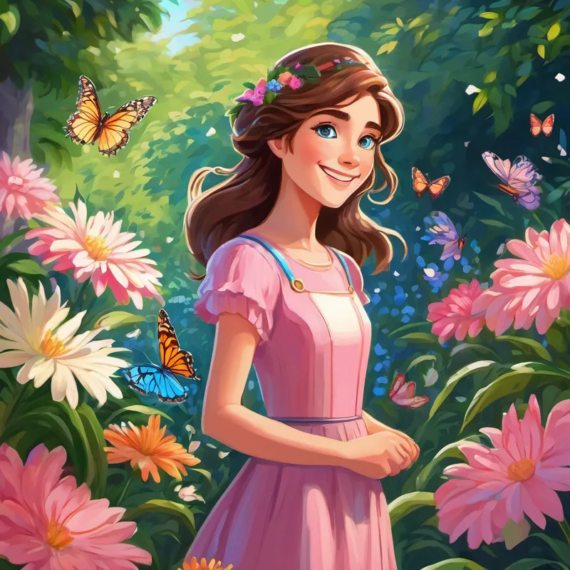 Lily: Blue eyes, brown hair, pink dress, big smile is standing in a lush garden full of colorful flowers. The sun is shining, and butterflies are flying around her. She is amazed by the beauty of the garden.