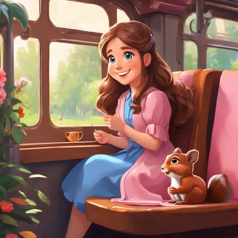 Lily: Blue eyes, brown hair, pink dress, big smile is sitting on a cozy seat inside the train. Next to her is a cute squirrel named Sammy with a bushy tail. They are talking and laughing, becoming fast friends.
