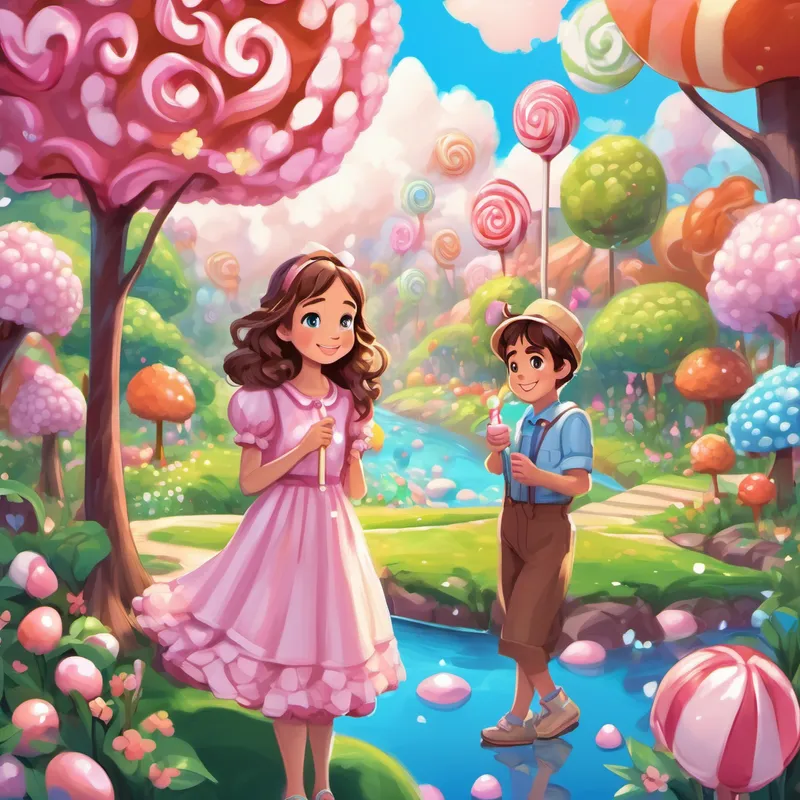 Lily: Blue eyes, brown hair, pink dress, big smile and Sammy are standing in a magical candy land. There are candy trees with lollipops and gumdrop bushes. A river made of chocolate flows nearby, and fluffy marshmallow clouds float in the sky.