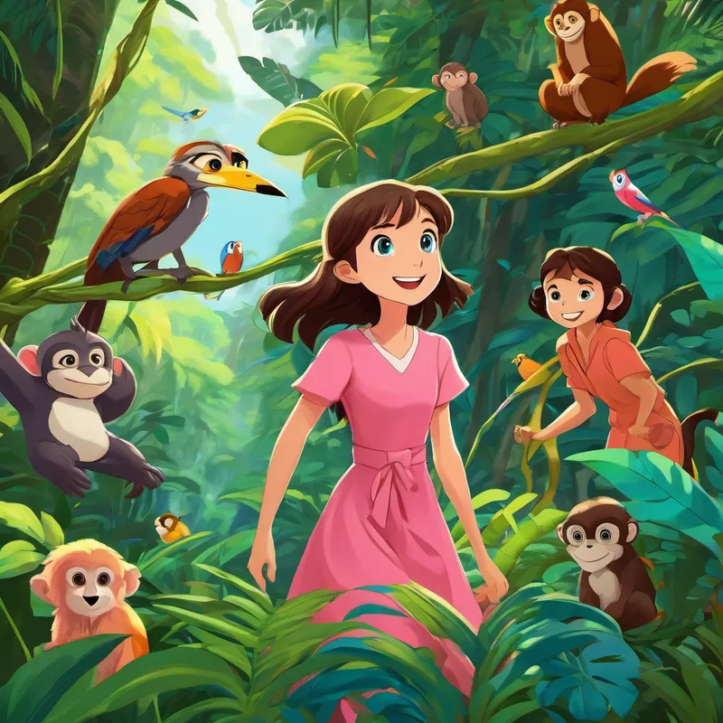 Lily: Blue eyes, brown hair, pink dress, big smile, Sammy, and Milo are in a dense jungle. There are tall trees, colorful birds, and playful monkeys. They are swinging on vines and exploring their surroundings with excitement.