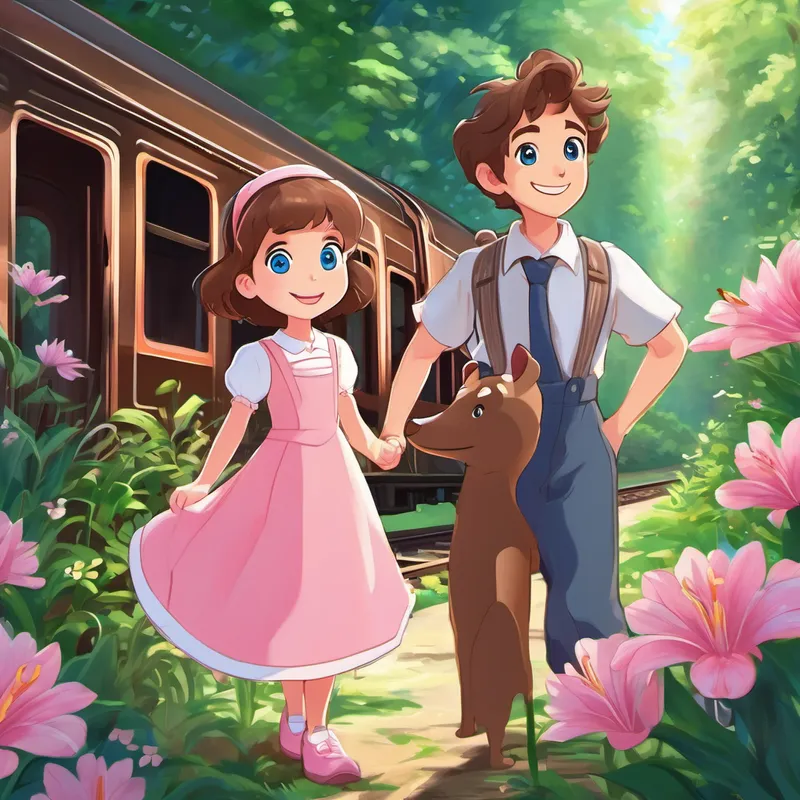 Lily: Blue eyes, brown hair, pink dress, big smile, Sammy, and Milo are standing in front of the magical train in the garden. They are smiling and waving goodbye to each other. Lily: Blue eyes, brown hair, pink dress, big smile feels happy and grateful for the wonderful adventure.