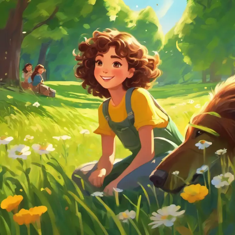 Setting: a sunny meadow. Characters: Curly brown hair, bright green eyes, adventurous spirit, her friends. Playful and sunny atmosphere.