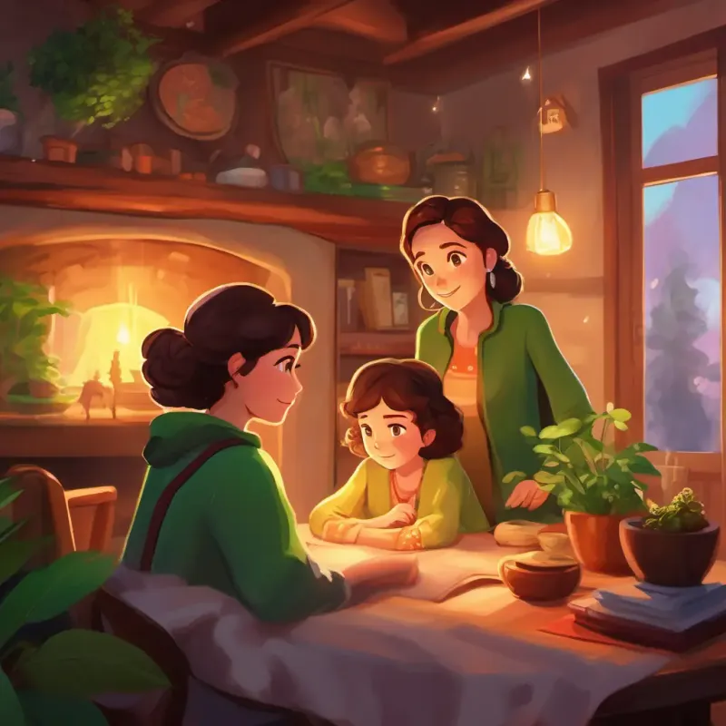 Setting: cozy home. Characters: Curly brown hair, bright green eyes, adventurous spirit, her grandmother. Warm and cozy atmosphere.