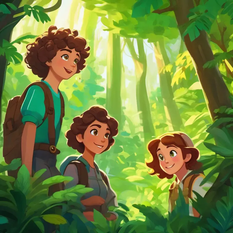 Setting: lush forest. Characters: Curly brown hair, bright green eyes, adventurous spirit, her friends. Exciting and adventurous atmosphere.