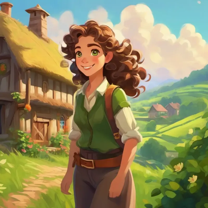 Setting: village. Characters: Curly brown hair, bright green eyes, adventurous spirit, villagers. Joyful and grateful atmosphere.