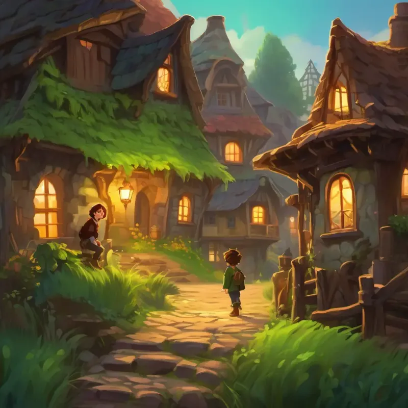 Setting: village outskirts. Characters: Curly brown hair, bright green eyes, adventurous spirit, the goblin. Mysterious and mischievous atmosphere.