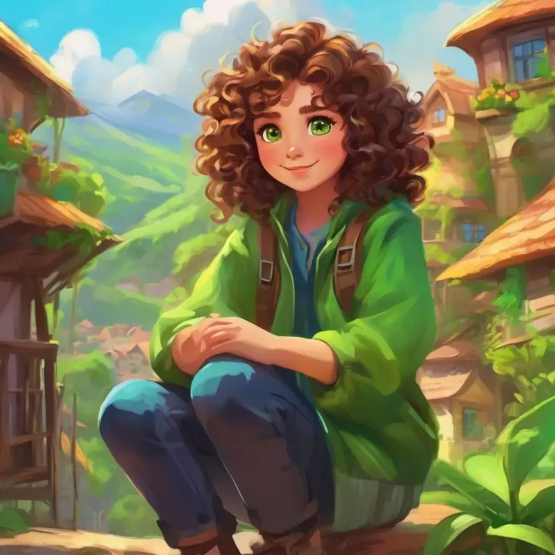 Setting: Curly brown hair, bright green eyes, adventurous spirit's village. Characters: Curly brown hair, bright green eyes, adventurous spirit. Exciting and hopeful atmosphere.