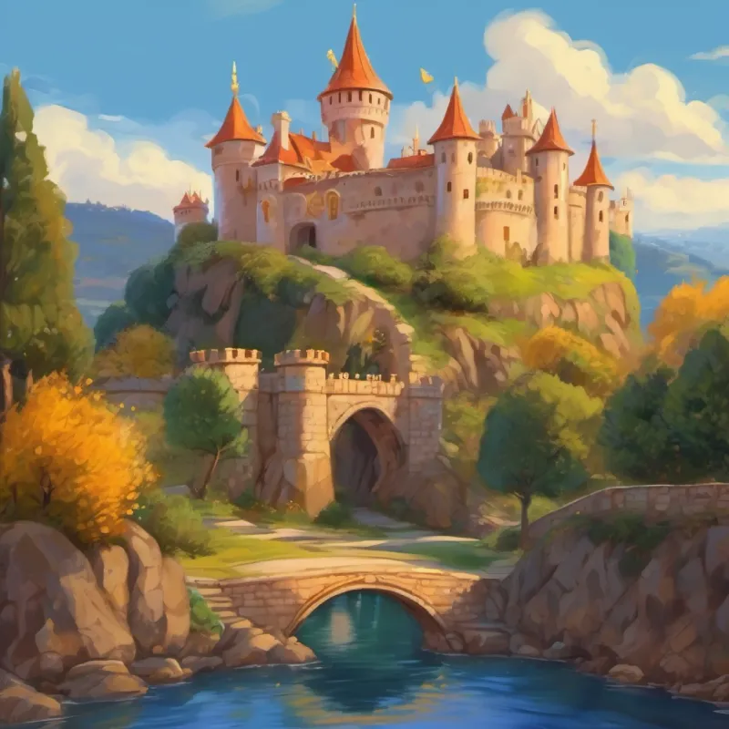 Introduction to Princess Princesa con ojos marrones, pelo largo castaño, piel oliva Ama sonreír and her castle home.