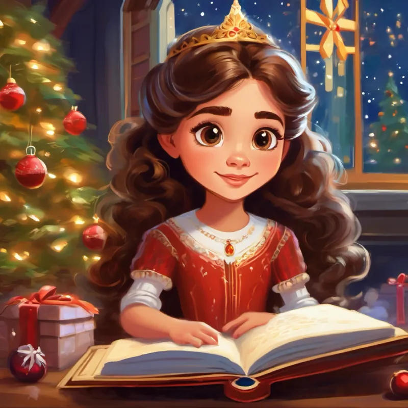 Princesa con ojos marrones, pelo largo castaño, piel oliva Ama sonreír writes in her new journal, preserving memories.