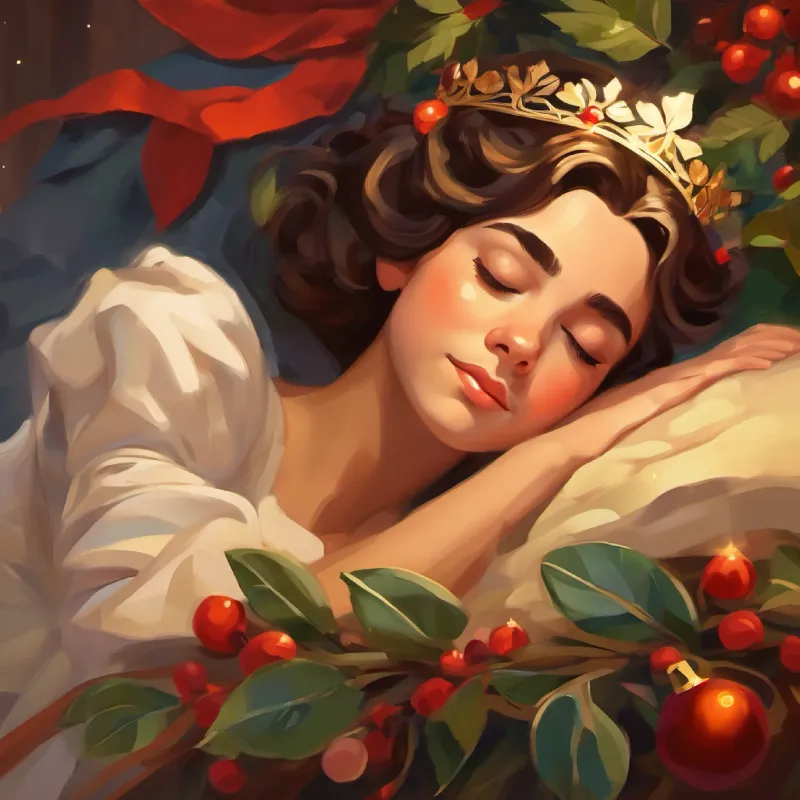 Princesa con ojos marrones, pelo largo castaño, piel oliva Ama sonreír falls asleep, content and full of hope for the future.