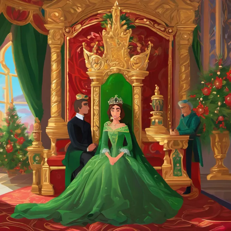 Esposo devoto, ojos verdes, cabello negro, tez clara Siempre lleva una rosa decorates the throne room secretly while Princesa con ojos marrones, pelo largo castaño, piel oliva Ama sonreír sleeps.