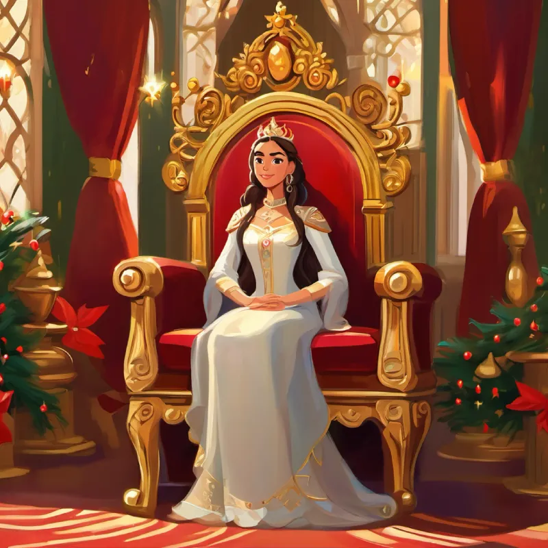 Princesa con ojos marrones, pelo largo castaño, piel oliva Ama sonreír is awed by the decorated throne room.