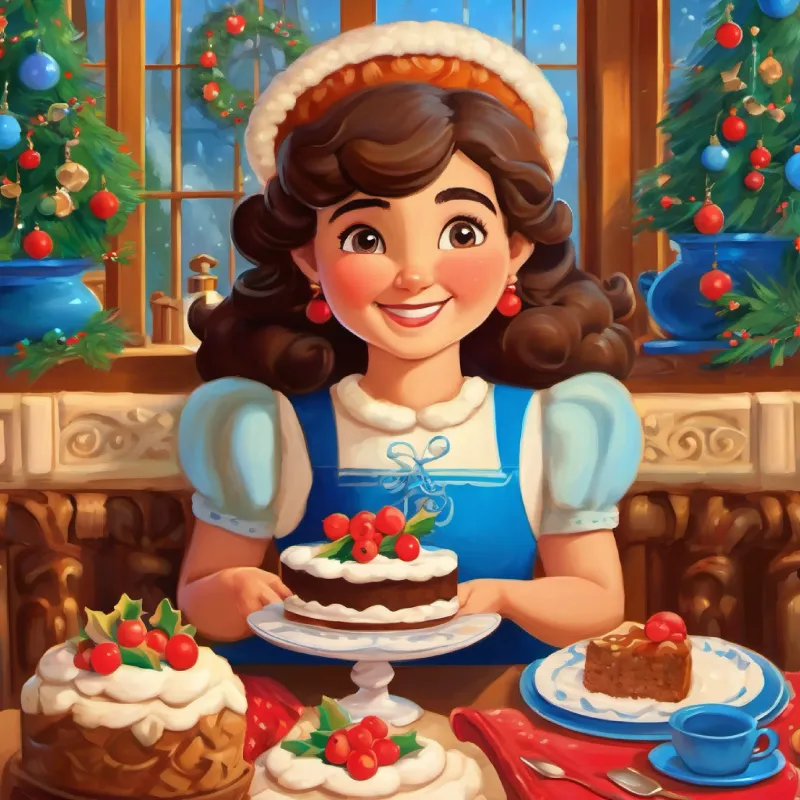 Madre amorosa, pelo canoso, ojos azules, sonrisa cálida, piel clara, Princesa con ojos marrones, pelo largo castaño, piel oliva Ama sonreír's mother, makes her favorite cake.