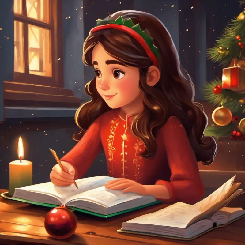 Princesa con ojos marrones, pelo largo castaño, piel oliva Ama sonreír's father gifts her a journal for her adventures.