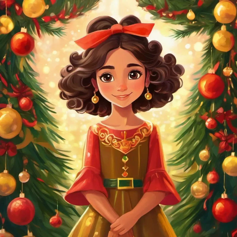 The kingdom loves Princesa con ojos marrones, pelo largo castaño, piel oliva Ama sonreír for her kindness and fairness.