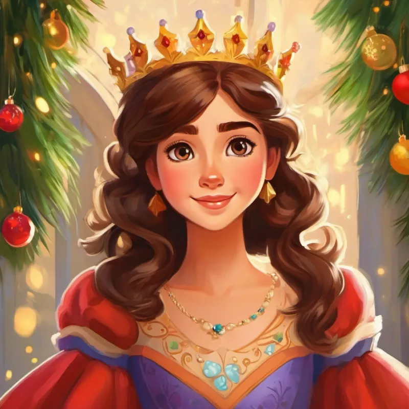 Princesa con ojos marrones, pelo largo castaño, piel oliva Ama sonreír makes a heartfelt birthday wish.