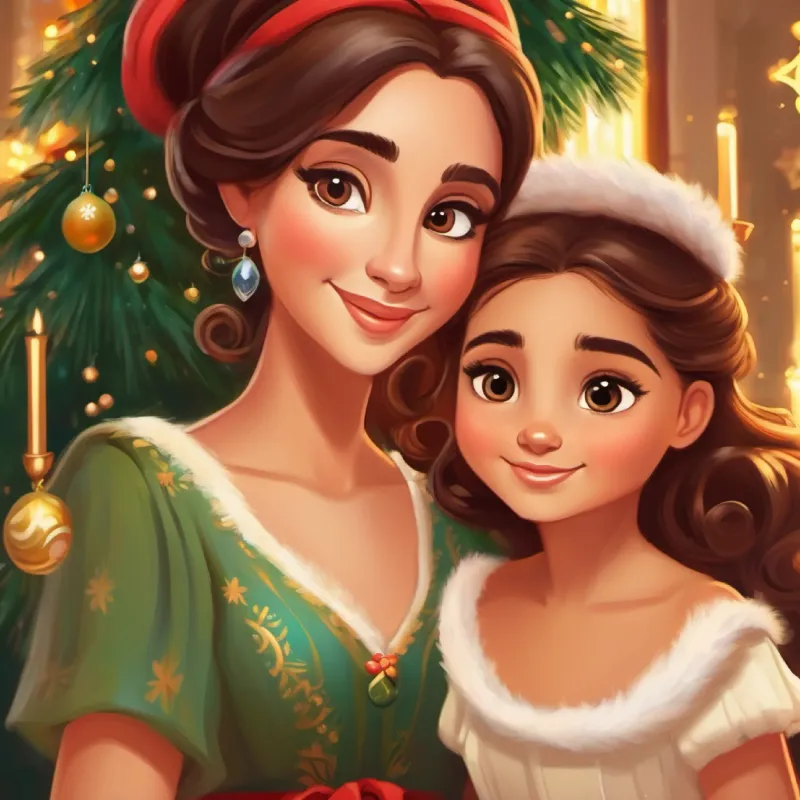 Princesa con ojos marrones, pelo largo castaño, piel oliva Ama sonreír feels grateful for her loving family and friends.