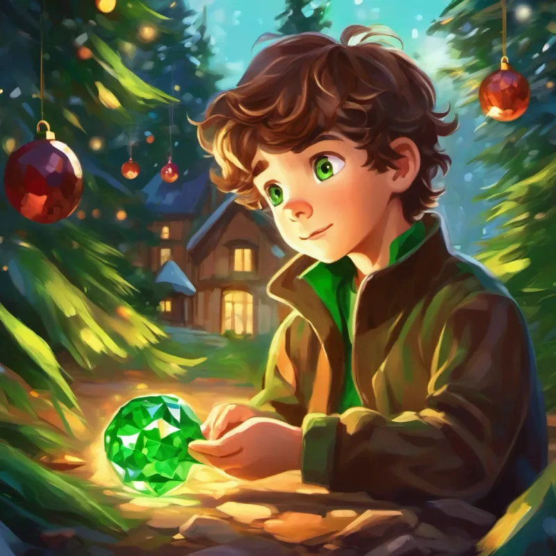 Young boy with brown tousled hair and curious green eyes discovers a gem outdoors, bright and shining.