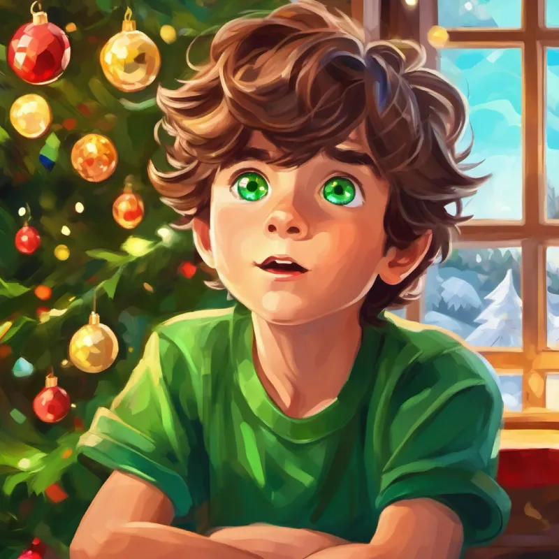 Young boy with brown tousled hair and curious green eyes is amazed by the gem's color and brightness.