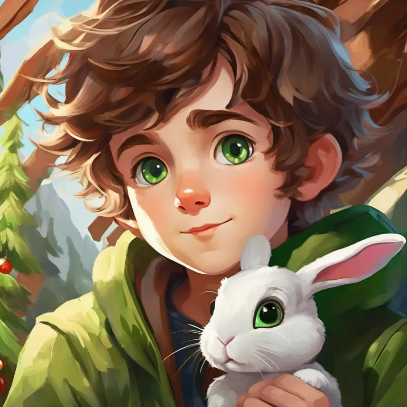 The gem guides Young boy with brown tousled hair and curious green eyes and Small, white bunny with floppy ears and dark, kind eyes on an adventure.