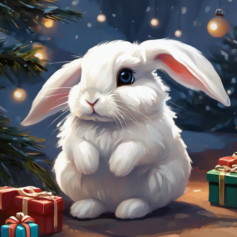Small, white bunny with floppy ears and dark, kind eyes expresses feeling homesick, shows vulnerability.
