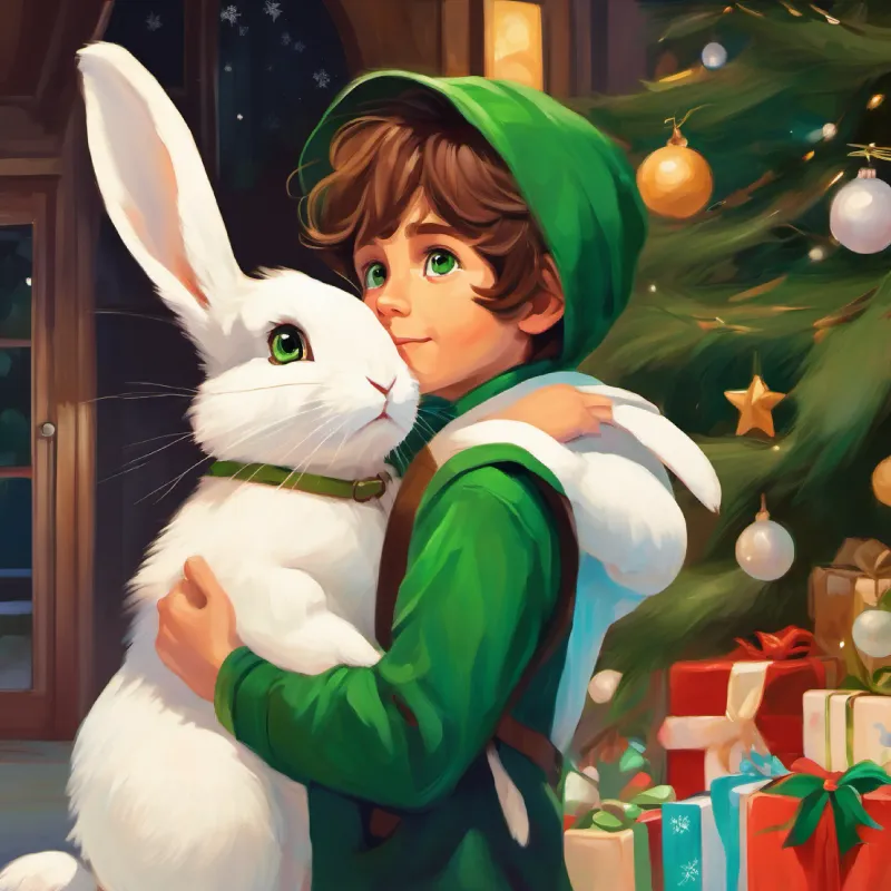 Young boy with brown tousled hair and curious green eyes resolves to help Small, white bunny with floppy ears and dark, kind eyes return home.