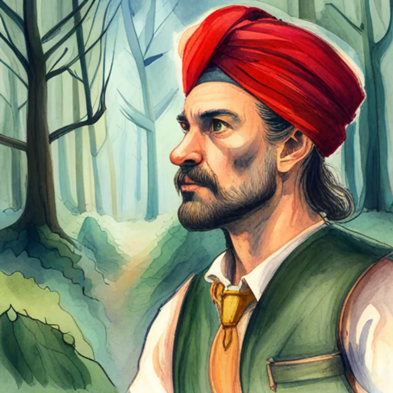 Brave, kind-hearted man with a turban, vest, and sword walking through a mystical forest