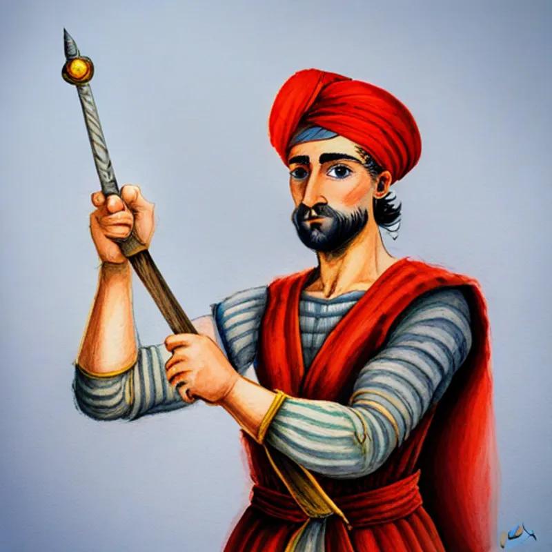 Brave, kind-hearted man with a turban, vest, and sword holding the glowing sword triumphantly