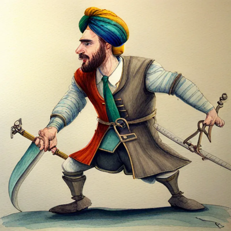 A fierce battle between Brave, kind-hearted man with a turban, vest, and sword and the monster