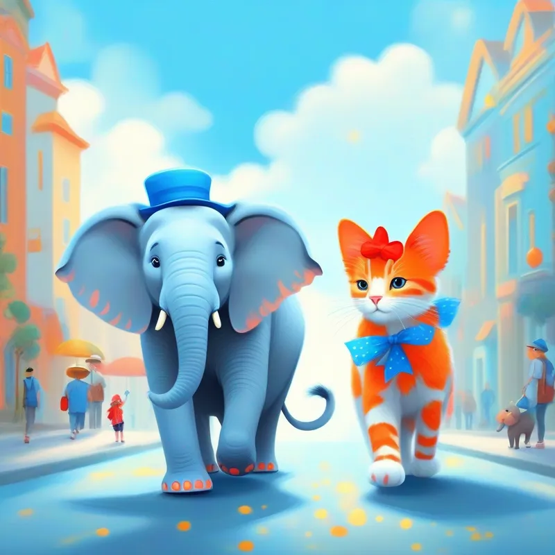 Fluffy cat with orange fur and a little red bow. and Friendly elephant with gray skin and a polka-dot hat. walking together under a bright blue sky.