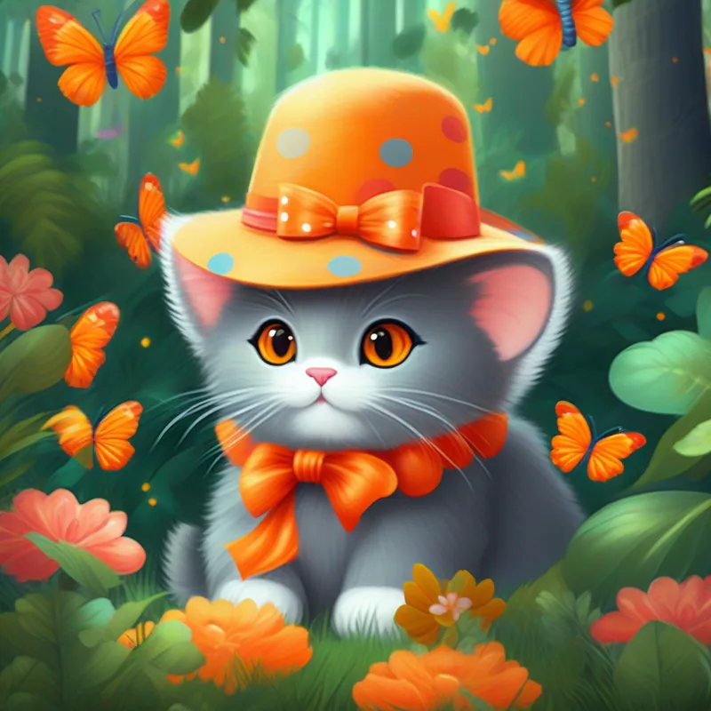 Fluffy cat with orange fur and a little red bow. and Friendly elephant with gray skin and a polka-dot hat. surrounded by vibrant butterflies in the forest.