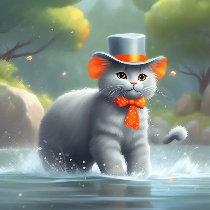 Fluffy cat with orange fur and a little red bow. and Friendly elephant with gray skin and a polka-dot hat. happily splashing and playing in the river.