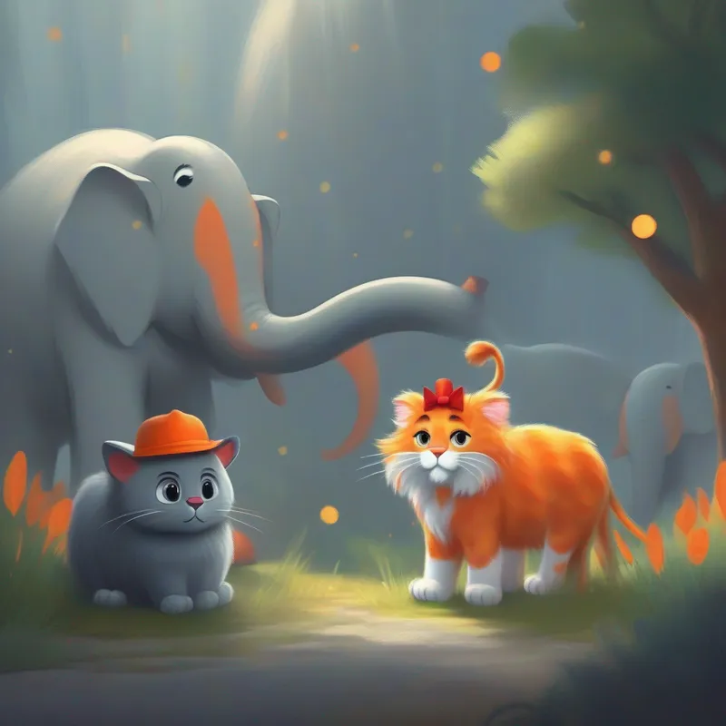 Fluffy cat with orange fur and a little red bow. and Friendly elephant with gray skin and a polka-dot hat.'s fearful expressions upon seeing the lion.