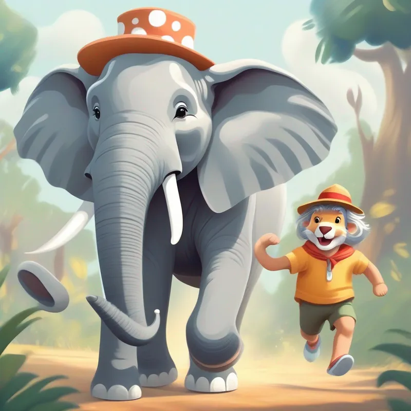 Friendly elephant with gray skin and a polka-dot hat. trumpeting and lion running away in fear.