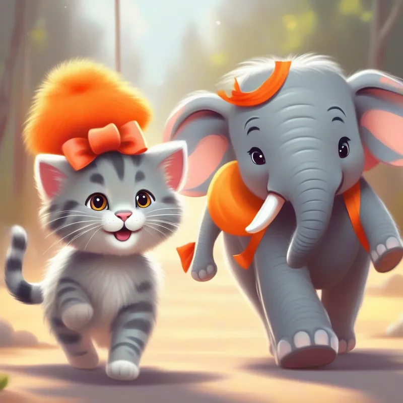 Fluffy cat with orange fur and a little red bow. and Friendly elephant with gray skin and a polka-dot hat. smiling and walking together after scaring the lion.