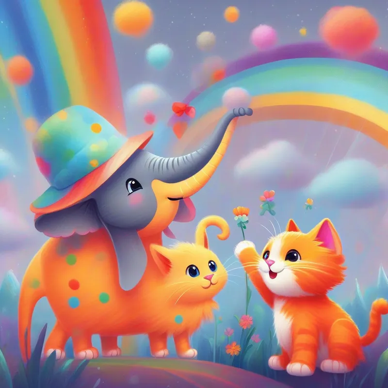 Fluffy cat with orange fur and a little red bow. and Friendly elephant with gray skin and a polka-dot hat. pointing happily at the colorful rainbow.