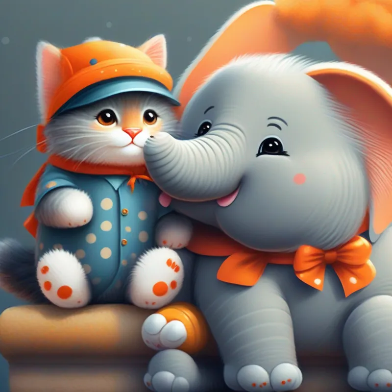 Fluffy cat with orange fur and a little red bow. and Friendly elephant with gray skin and a polka-dot hat. sitting together, sharing their adventure with big smiles.
