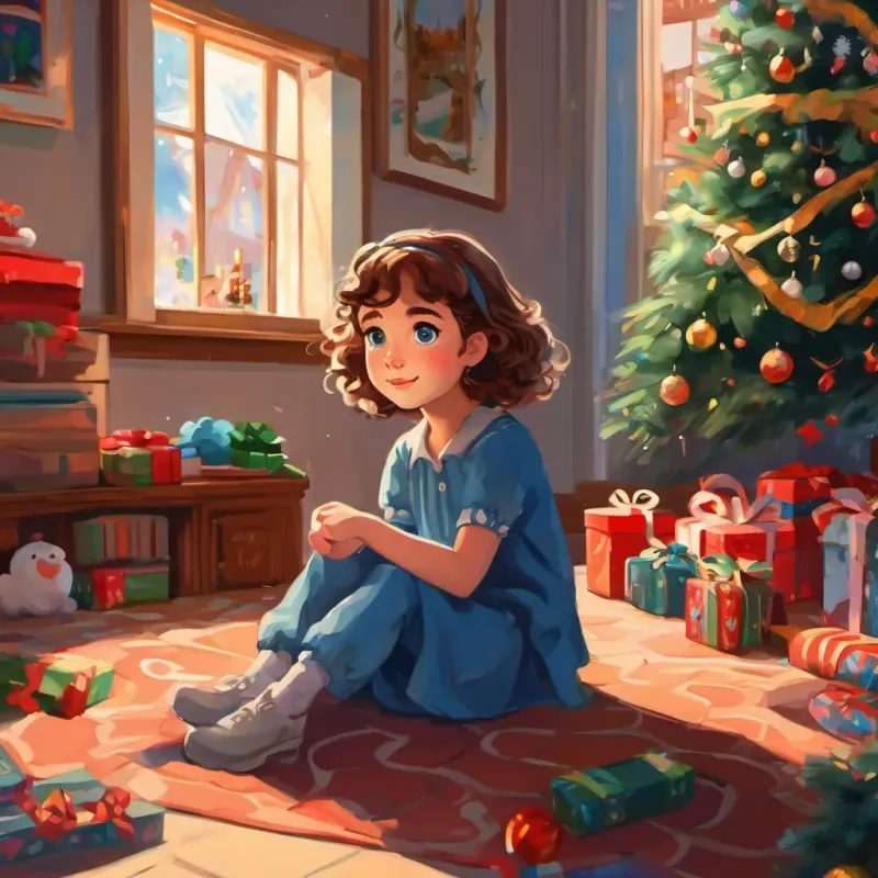 Lily is a young girl with curly brown hair and bright blue eyes sitting on her bedroom floor, surrounded by Christmas decorations