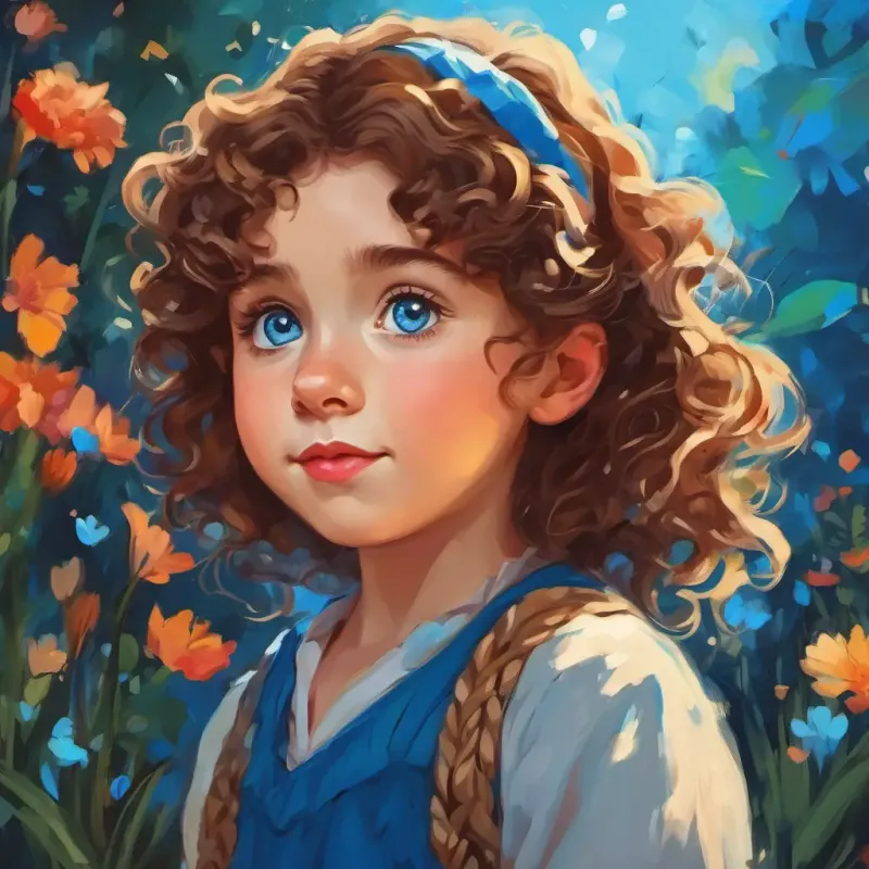 Lily is a young girl with curly brown hair and bright blue eyes thinking with a big heart above her head