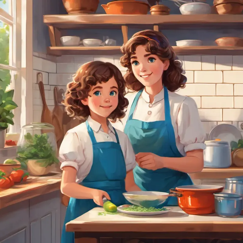 Lily is a young girl with curly brown hair and bright blue eyes and her mom in the kitchen, wearing aprons and holding mixing bowls