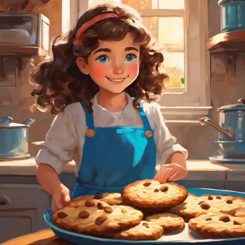 Lily is a young girl with curly brown hair and bright blue eyes and her mom taking the freshly baked cookies out of the oven