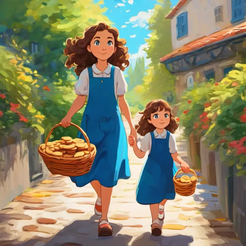Lily is a young girl with curly brown hair and bright blue eyes and her mom outside, walking with a basket of cookies