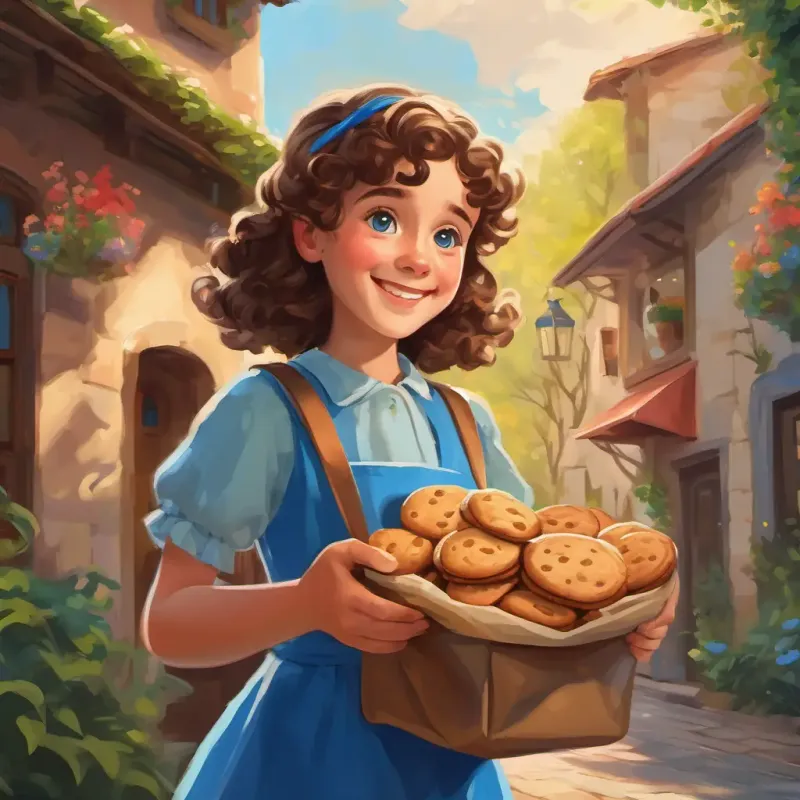 Lily is a young girl with curly brown hair and bright blue eyes smiling and handing a bag of cookies to her neighbor