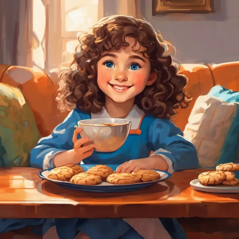 Lily is a young girl with curly brown hair and bright blue eyes sitting on the couch, holding a plate of cookies and smiling