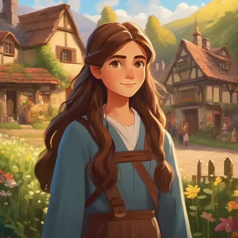 Introduction in a small village with main character Long brown hair, hazel eyes, kind and brave
