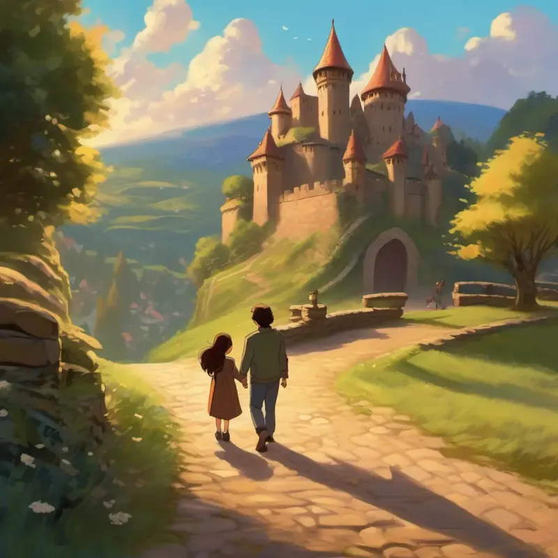Setting in the village, introducing Long brown hair, hazel eyes, kind and brave and her father, and the mysterious castle